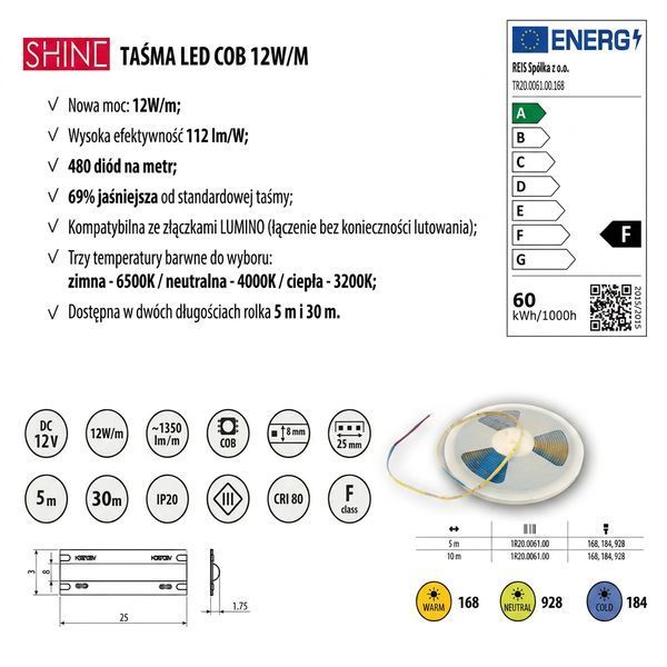 SHINE Taśma COB, 60W, IP20, 8mm, rolka 5m, 12V \ biała studen&aacute; 0059424 фото