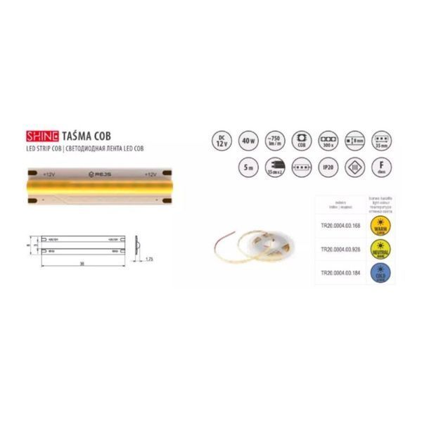 SHINE Taśma COB, 40W, IP20, 8mm, rolka 5m, 12V \ biała tepl&aacute; 0058163   фото