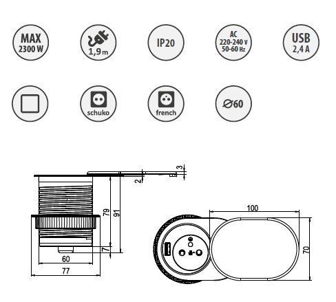 ELEKTRIMA SLIDER Predlžovač stolov&yacute; zapusten&yacute; okr&uacute;hly 60 mm, z&aacute;suvka Schuko, USB, kov/plast striebor 0058186 фото